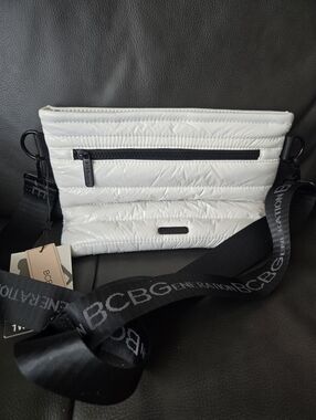 BCBG White Quilted Puffer Crossbody with Black Strap
